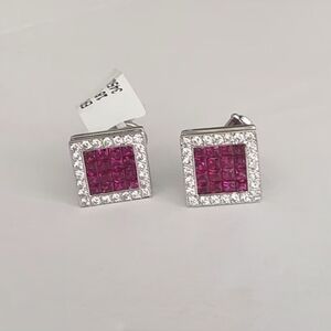 18k White Gold Ruby & Diamond earrings Clip Or Post